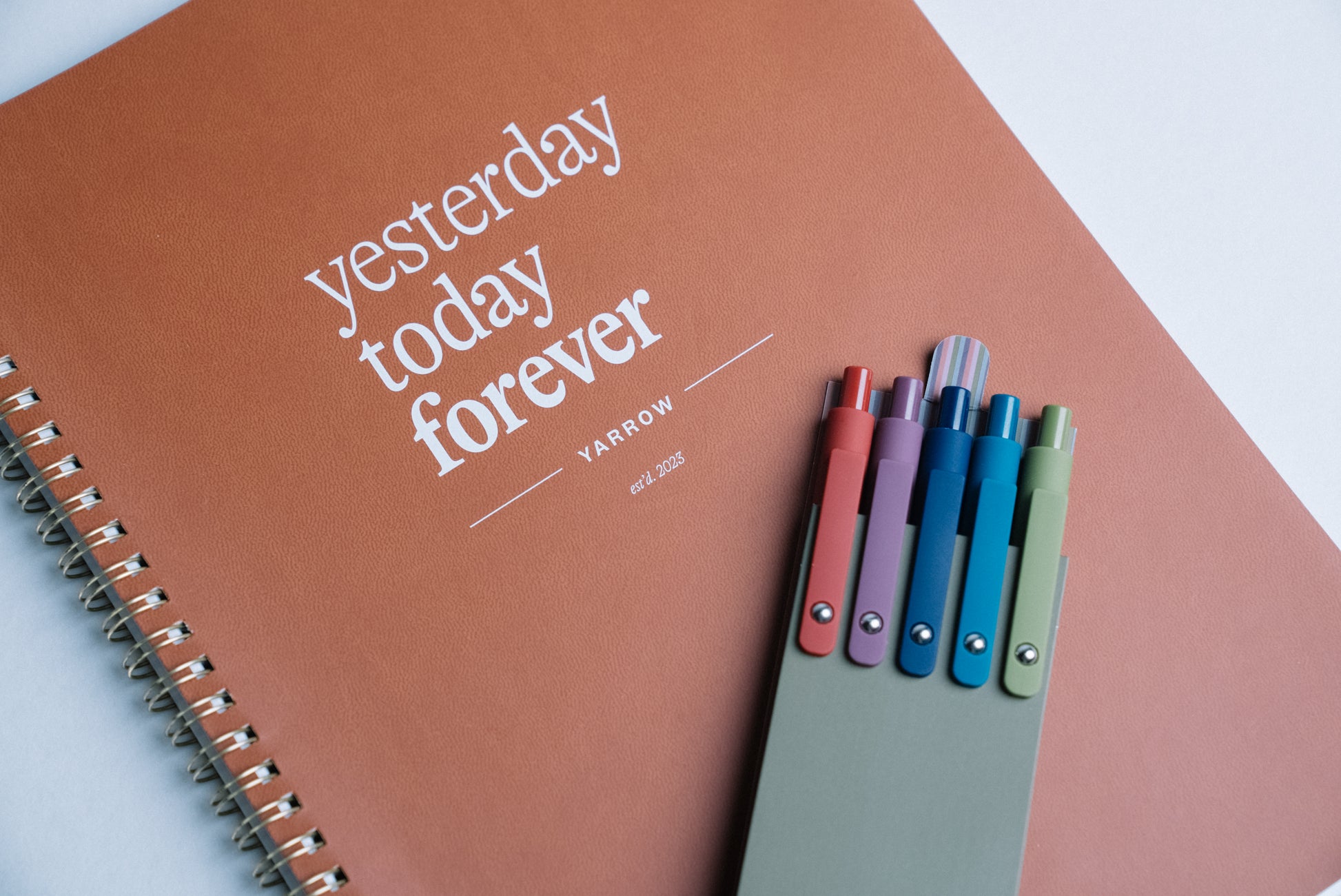 Close up of Yarrow Yesterday, Today, Forever Notebook and Pen Set with pen box open to show colorful pens