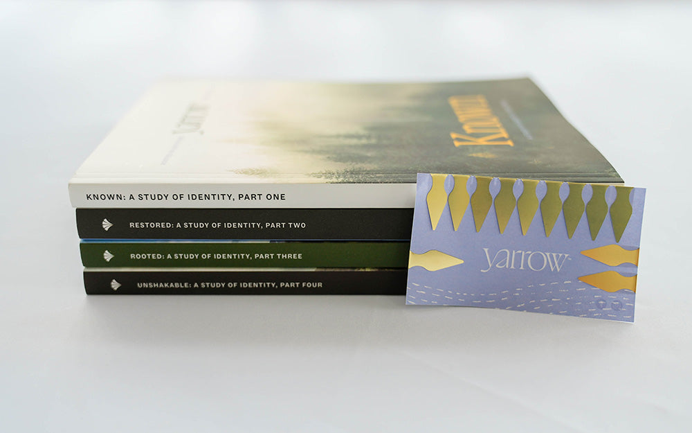 A stack of the four-part Identity Bible study series from Yarrow, shown with bonus book darts