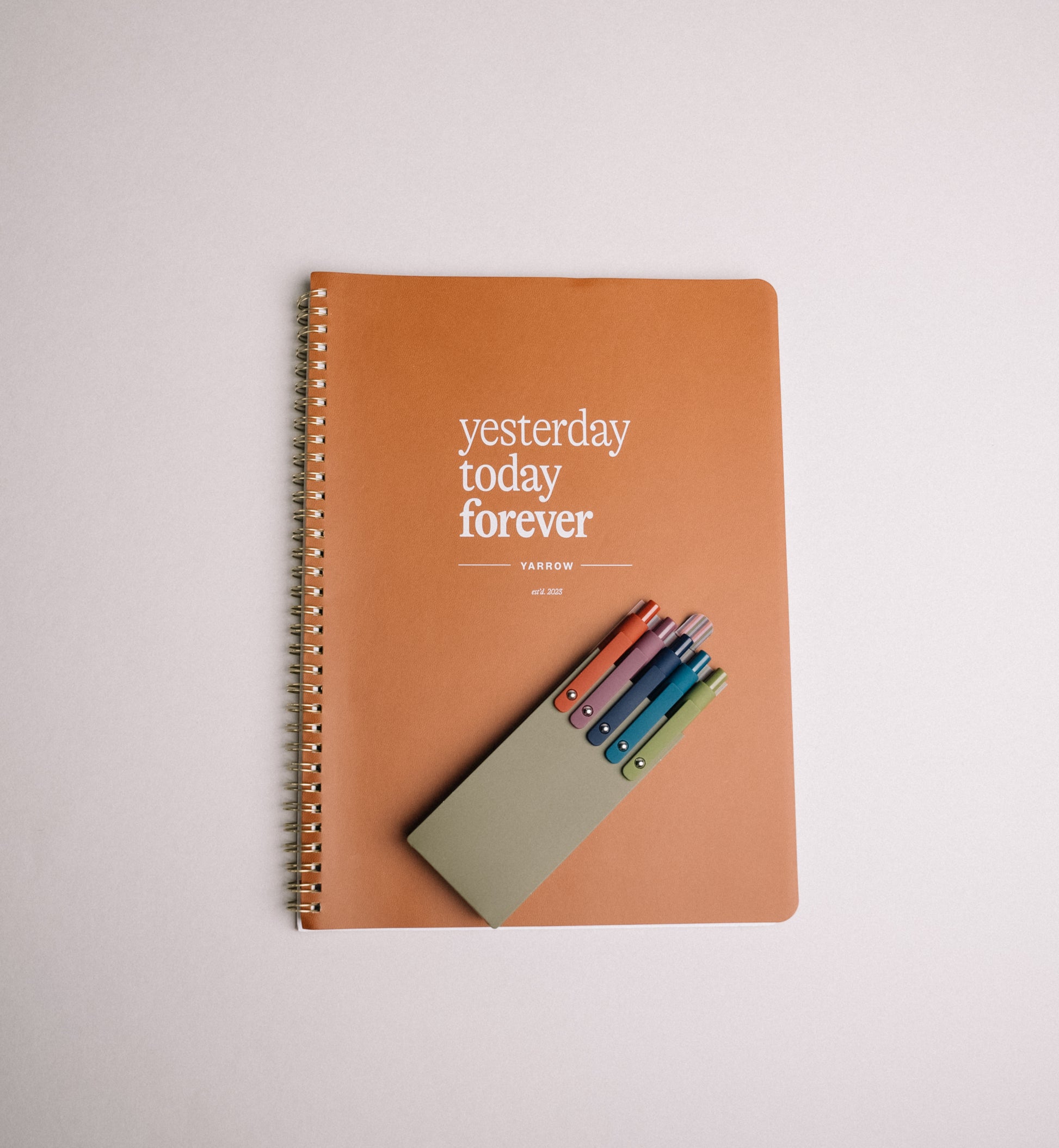 Yarrow Yesterday, Today, Forever Notebook and Pen Set with pen box open to show colorful pens